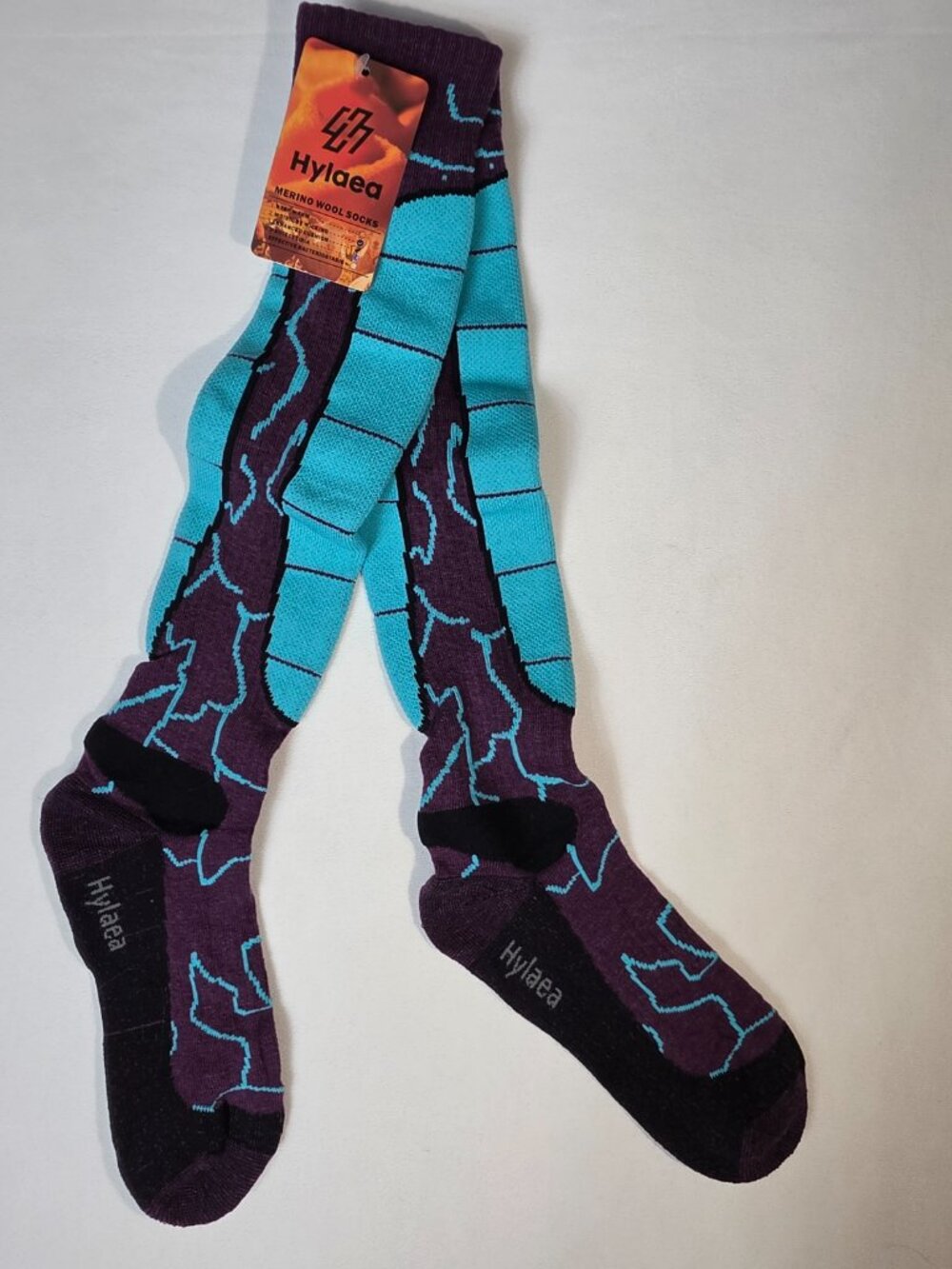 Hylaea Merino Wool Ski Socks Knee High Thermal Winter Blue Lightning